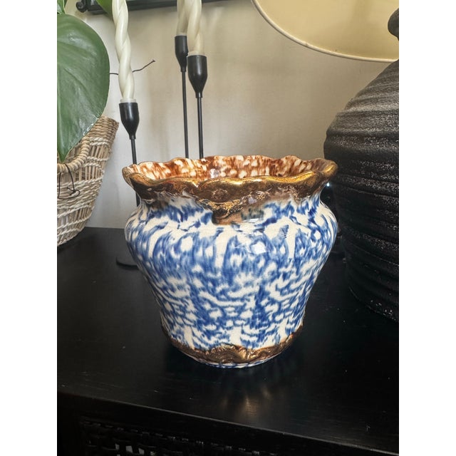 Late 19th Century Antique Blue Brown American Art Pottery Spongeware Jardiniere Copper Luster 1900 For Sale - Image 5 of 7