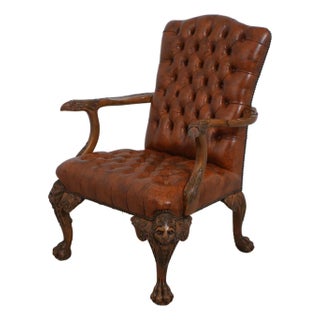 Georgian Tufted Leather Carved Arm Chair For Sale
