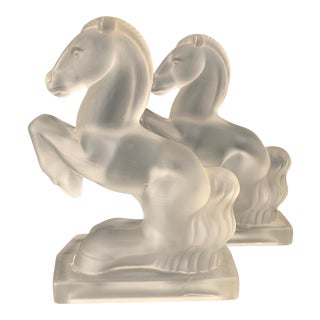 Vintage Fostoria Frosted Glass Bucking Horse Bookends - a Pair For Sale
