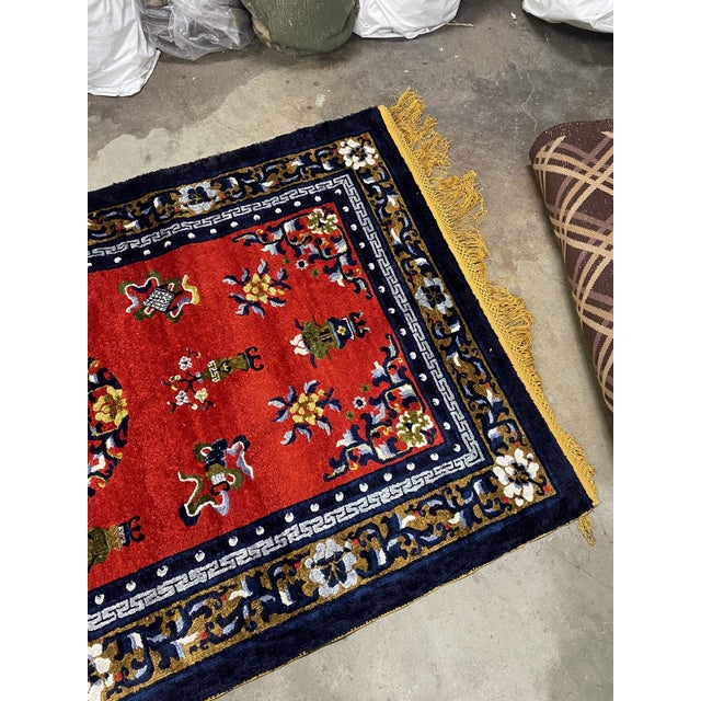 Art Deco Vintage 1950s Chinese Art Deco Silk Rug, Red Field Floral Medallion, 4'2" X 7'1" (128cm X 216cm) For Sale - Image 3 of 5