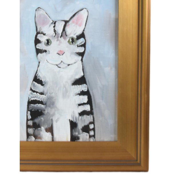 Charming folk art striped tabby kitten cat portrait study, oil painting on stretched artist canvas. Unsigned. Included are...