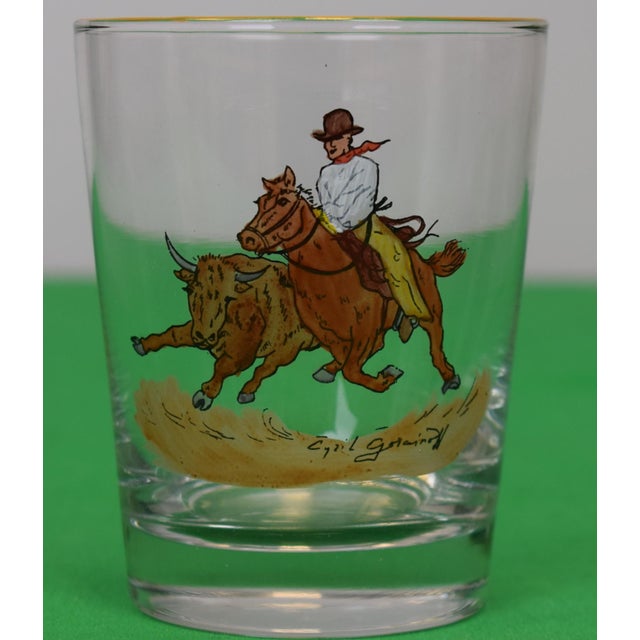 Mid 20th Century Set X 6 Cyril Gorainoff Hand Painted Western Cowboy Theme Double Old Fashioned Cocktail Glasses For Sale - Image 4 of 9