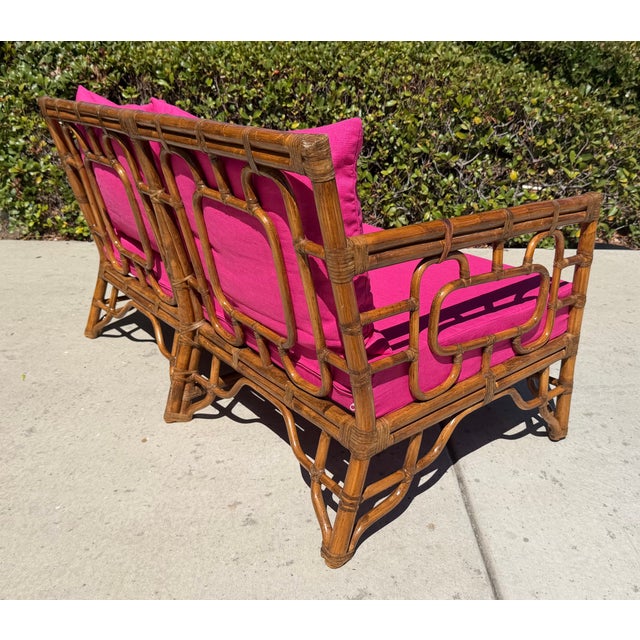 Late 20th Century Vintage Rattan Chinoiserie Loveseat, New Pink Linen Upholstery For Sale - Image 5 of 14