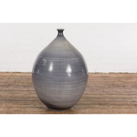 Ceramic Prem Collection Hand Crafted Artisan Vase with Narrow Mouth and Blue Grey Glaze For Sale - Image 7 of 12