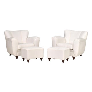 Set of Italian Armchair and Ottoman in White Fabric, Italy, 1940s For Sale
