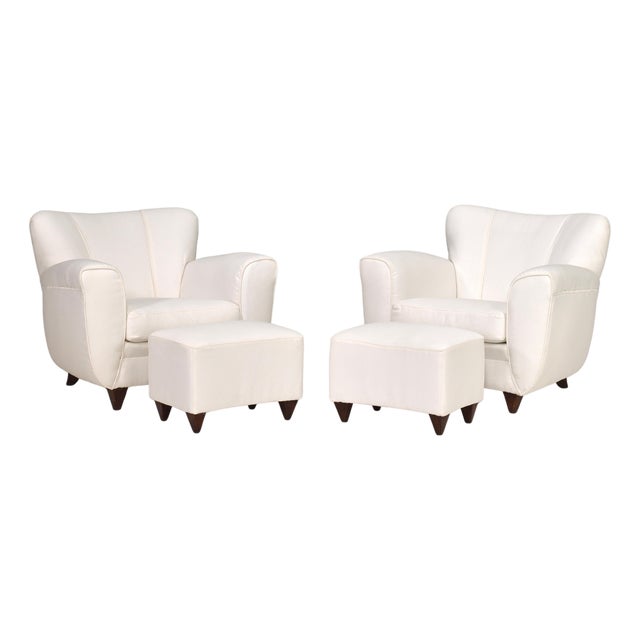 Set of Italian Armchair and Ottoman in White Fabric, Italy, 1940s For Sale