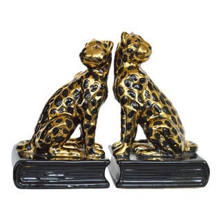 1950s Black & Gold Glossy Ceramic Leopard Bookends - a Pair For Sale