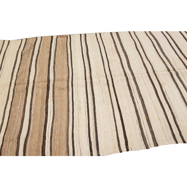 1960s Vintage Turkish Kilim Flatweave Beige Stripes Wool Rug For Sale - Image 4 of 10