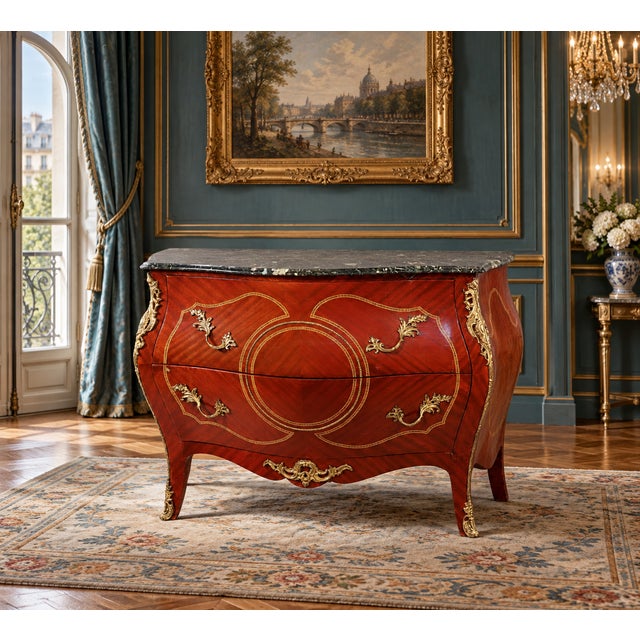 1970s Louis XV–Style Mahogany Bombé Commode With Marble Top and Gilt Mounts For Sale - Image 12 of 12
