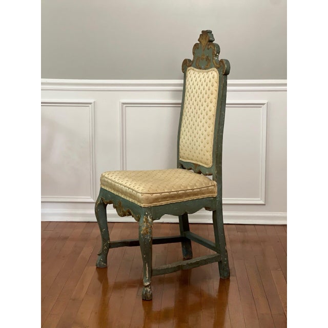 18th Century Hand Carved Italian Rococo Painted and Parcel Gilt Side Chair For Sale - Image 4 of 16
