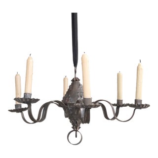 Antique Punched Tin Six-Arm Candle Chandelier, New Mexico, Spanish Colonial Style For Sale