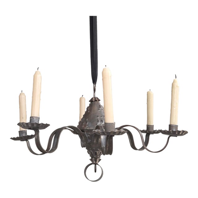 Antique Punched Tin Six-Arm Candle Chandelier, New Mexico, Spanish Colonial Style For Sale