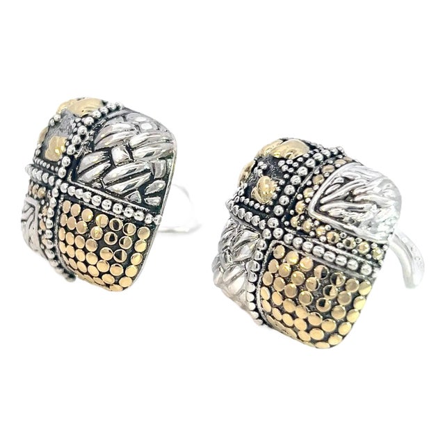 1990s John Hardy Estate Clip on Earrings Sterling Silver 18k Y Gold, 2 Pieces For Sale