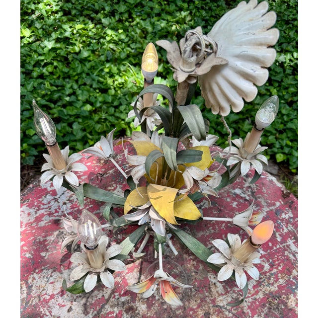 1960s Vintage 1960’s Italian Hand Painted Polychrome 5 Arm Metal Tole Chandelier With Lilies For Sale - Image 5 of 12