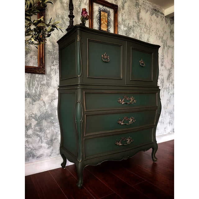 Century Furniture 1960s Century French Provincial Bombé Highboy — Hand Finished Forest Green, Bronze, Skull & Rose Damask Interior For Sale - Image 4 of 8