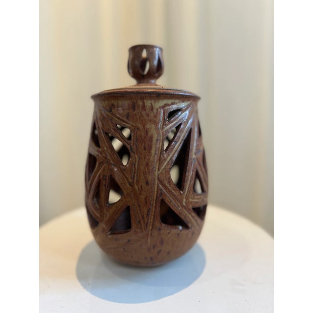Mid 20th Century Vintage Ceramic Vase With Lid and Geometric Cutout Design For Sale - Image 5 of 7