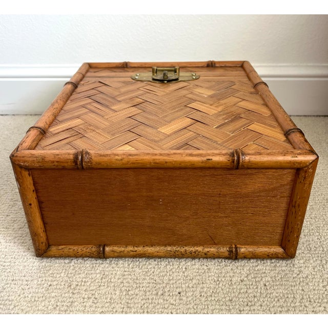 Wood Vintage Woven Rattan Filing Box With Brass Handles For Sale - Image 7 of 12