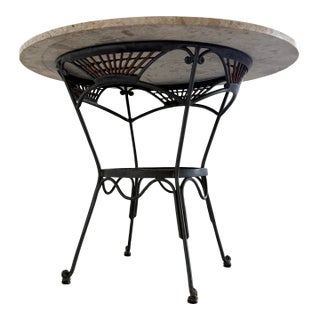 Round Breccia Botticelli Marble Top on Iron Frame Table Inset With Woven Wicker For Sale