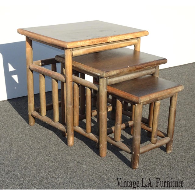 Set of Three Vintage French Country Bamboo Nesting Tables -Tiki Palm Beach Style For Sale - Image 13 of 13