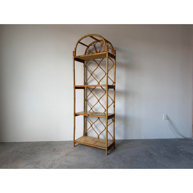 Vintage Coastal Arched Top Rattan Étagère With Wood Shelves For Sale - Image 11 of 13