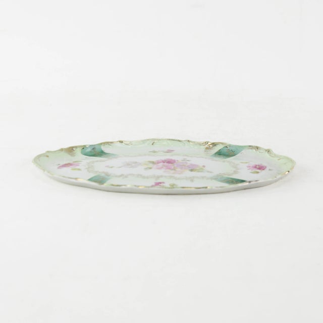 Traditional Antique Green and Gold Floral Porcelain Vanity Tray - Hand-Painted Oval Dish For Sale - Image 3 of 10