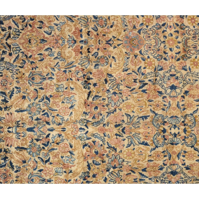 Antique Kerman Carpet, Handmade Persian Rug Wool Carpet, Blue, Beige and Peach For Sale - Image 9 of 16