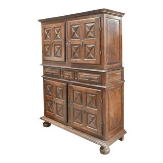 Rustic 18th Century Spanish Baroque Carved Oak Sideboard Cabinet Kitchen Cupboard For Sale