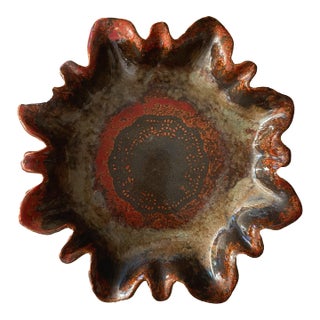 Vintage Signed Studio Pottery Ruffled Ceramic Bowl With Volcanic Red Glaze For Sale