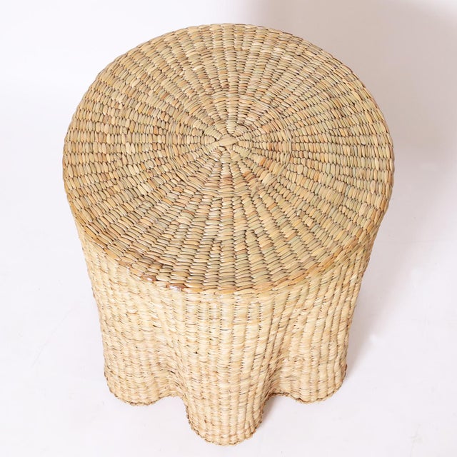Pair of Round Ghost Drapery Woven Reed Stands For Sale - Image 4 of 7