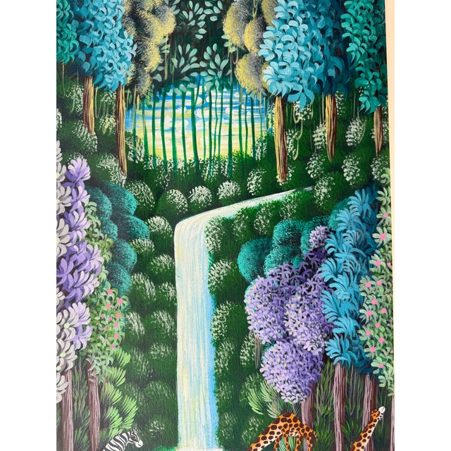 Vintage Haitian Folk Art Wildlife Jungle Scene Oil on Canvas – Framed For Sale - Image 10 of 13