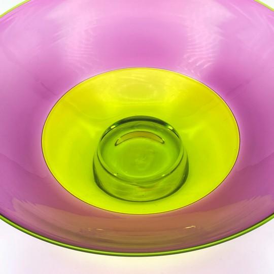 Glass Nicholas Kekic Signed 15-Inch Two-Color Incalmo Bowl (Hyacinth and Lime With Clear Base) Large Centerpiece Bowl For Sale - Image 7 of 16