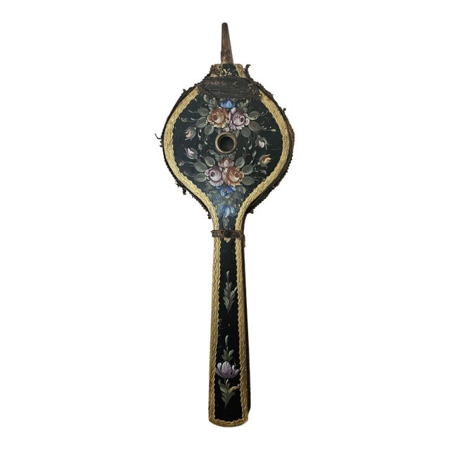 Antique Painted Fireplace Bellows Flemish, Botanical Flowers For Sale