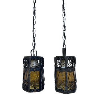 Mid 20th Century Spanish Revival Amber Glass Pendant Lights- a Pair For Sale