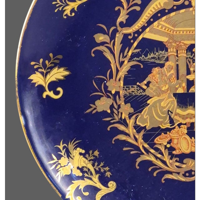 Late 20th Century Vintage Asian Chinoiserie Cobalt Blue Gilded Figural Scene Decorative Plate For Sale - Image 5 of 8