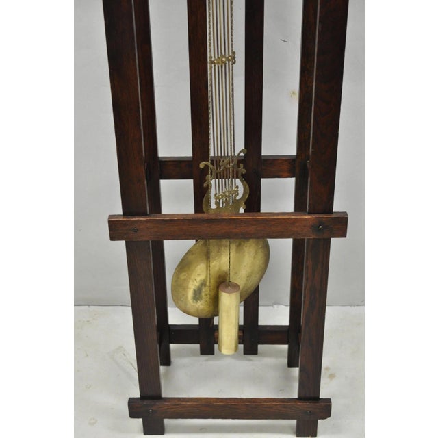 Wood Antique Mission Arts and Crafts Oak Wood Tall Case Grandfather Clock For Sale - Image 7 of 17