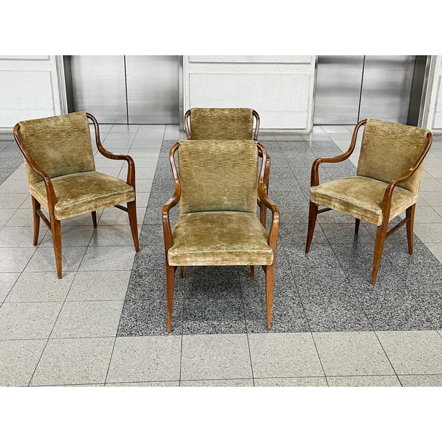 A set of four chairs by Paolo Buffa, hand-crafted in the 1950s. They are walnut with olive-green velvet upholstery. Buffa...