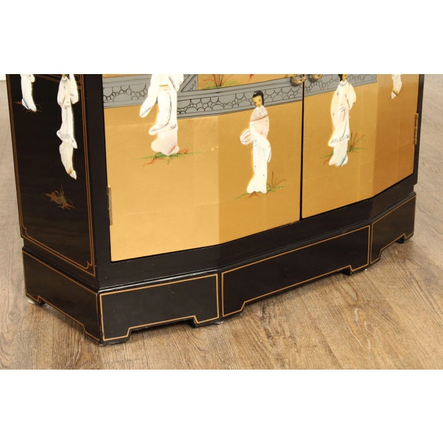 Chinoiserie Decorated Black and Gold Lacquer Glass Top Console Cabinet For Sale In Philadelphia - Image 6 of 12