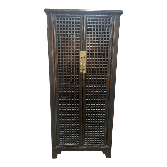 Tall Asian Style Dark Wood Lattice Armoire For Sale