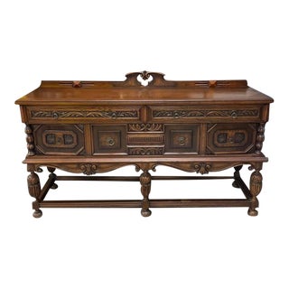 Large Early 1900's Wood Buffet, Hand Carved, 3 Drawers, 2 Cabinets, All Original, West End Furniture Co. For Sale