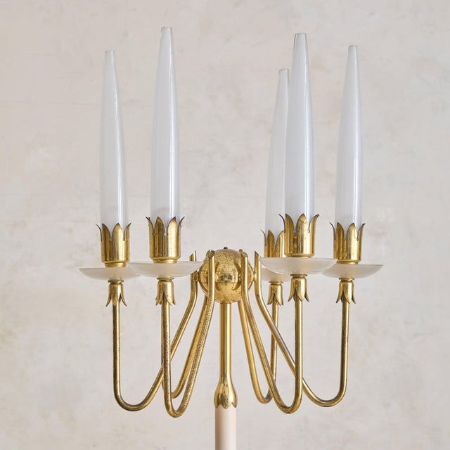 Metal 1953 Italian Brass + Opaline Glass Floor Lamp by Angelo Lelii for Arredoluce For Sale - Image 7 of 13