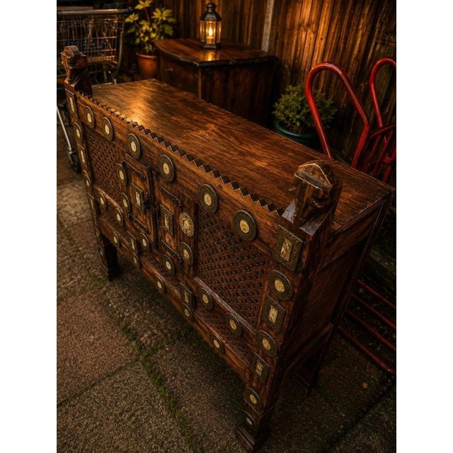Antique Indian Hand-Carved Wooden Cabinet with Mirror Inlay and Hidden Compartment For Sale - Image 3 of 9