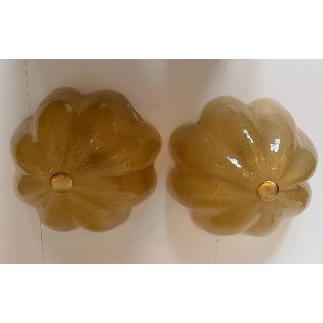 1980s Mid-Century Modern Golden Murano Glass Floral Flush Lamps - a Pair For Sale - Image 4 of 16