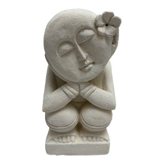 Whimsical Stone Pottery Asian Hippie Monk With Flower For Sale