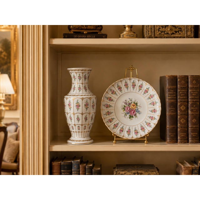French Limoges Porcelain Baluster Vase & Charger, Hand-Painted Gilt Floral Set For Sale - Image 12 of 12