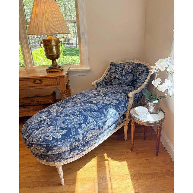 Custom Painted Chaise Lounge Chair Upholstered in Blue and Cream Ralph Lauren For Sale - Image 15 of 18