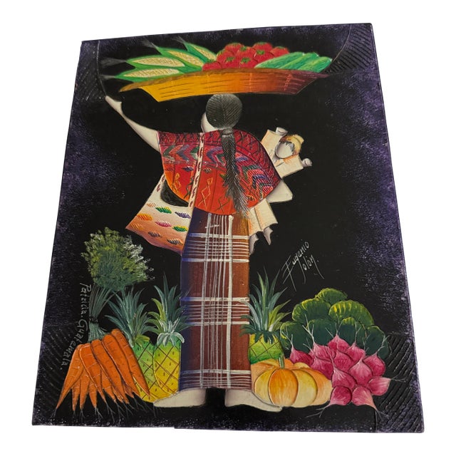 1960s Colorful Guatemalan Folk Art Painting Signed Tejadora Woman Weaver Indigenous For Sale