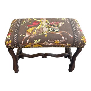Antique English Carved Wood Bench With Brunschwig & Fils Fabric For Sale