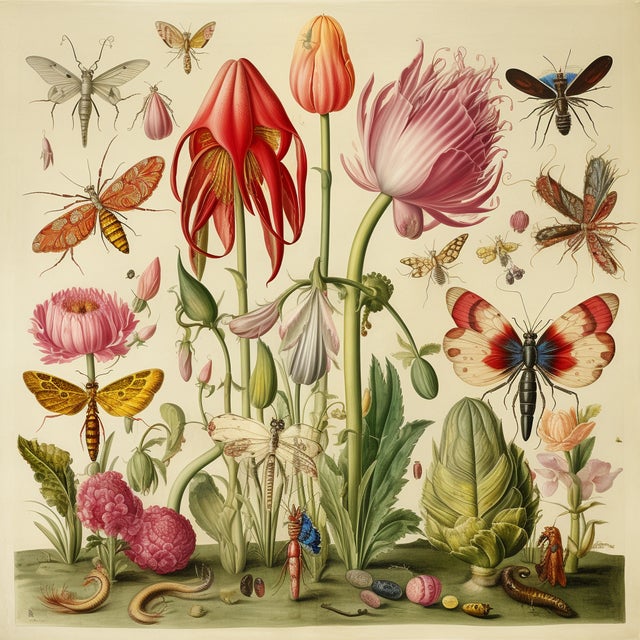 Set of 6 - 54" X 36" Gallery Wall Installation 'Insects and Flowers' Botanical Floral Prints, Unframed For Sale - Image 6 of 8
