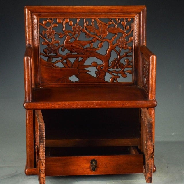 Brown Vintage Chinese Huali Rosewood Shrine Cabinet | Openwork Carved Altar With Magpie & Plum Motif For Sale - Image 8 of 9