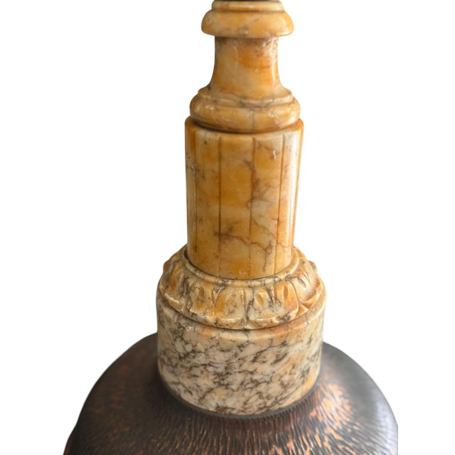 Art Deco French Inspired Alabaster Hammered Copper & Frosted Glass Dome Table Lamp, Circa 1930s For Sale - Image 4 of 14
